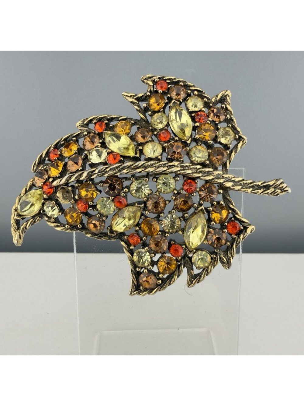 Vintage Weis Rhinestone Brooch Maple Leaf Orange Gold Yellow Fall Autumn READ